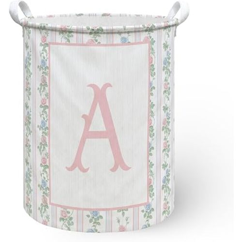 Coquette Pink Initial Letter A Laundry Hamper Basket, Grandmillennial Baby Girl Decor Dirty Clothes Hamper, Floral Nursery Decor Collapsible Laundry Bin Organizer Storage Basket, 13.8x17.8 Inch