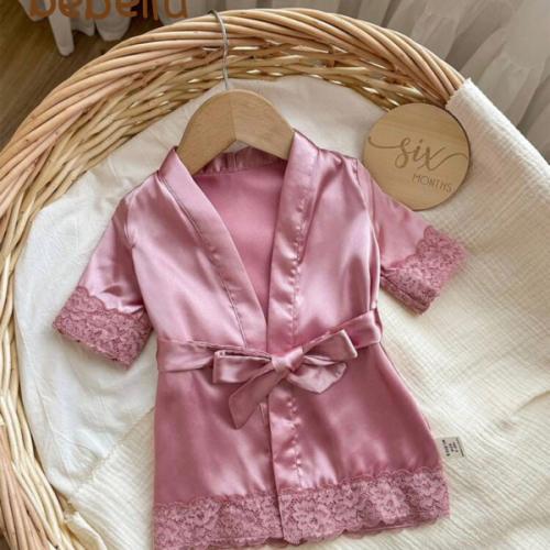 Newborn Baby Girl Simple Pink Lace Trim Short Sleeve Tie Waist Woven Robe | SHEIN USA