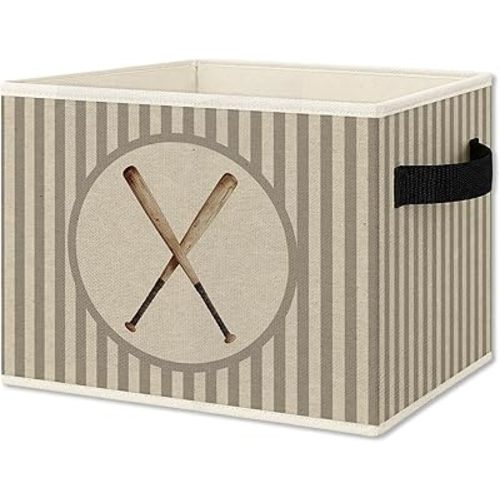 Vintage Baseball Boy Storage Bins Box with Handles, Sports Kids Decor for Boys, Neutral Striped Baseball Bat Collapsible Organizer Basket for Nursery Room Bedroom Playroom Toys Books