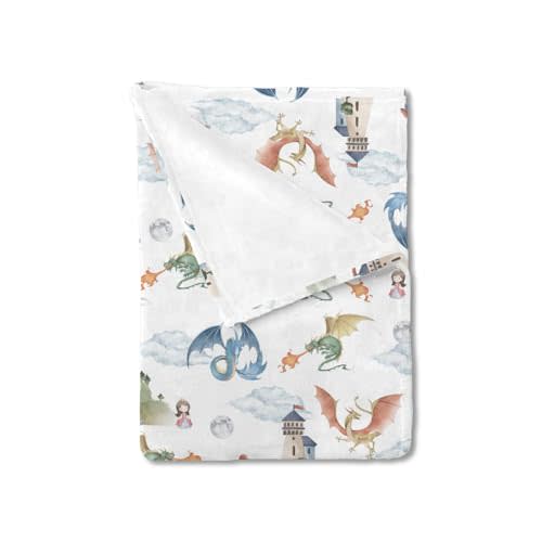 Fairytale Dragons Castle Baby Blanket for Boys Girls Watercolor Dragon Princess Knight Moon Clouds Flannel Receiving Blankets Soft Swaddle Blanket Toddler Nursery Bed Crib Blanket Playmat 30x40