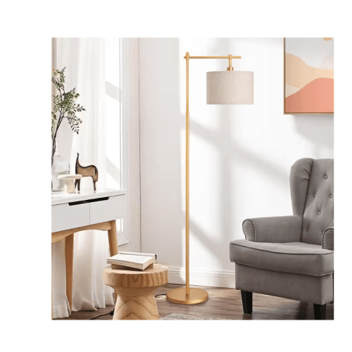 EDISHINE 63 in. Gold 1-Light Arched Floor Lamp for Living Room with Fabric Drum Shade HFLG04A