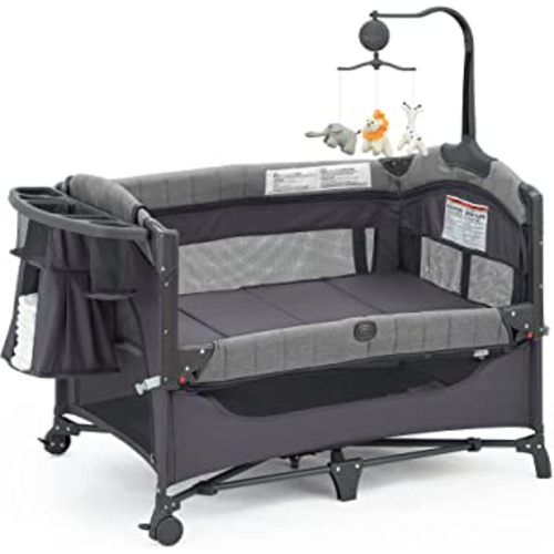 Baby Bedside Bassinet Sleeper,5-in-1 Pack and Play with Full-Size Bassinet,Baby Playard with Changing Table,Storage Shelf,Music Mobile with Soft Toys for Newborn to Toddlers (Grey)