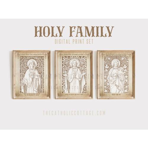 Vintage Holy Family Digital Print Set - Sacred Heart of Jesus, Immaculate Heart, St. Joseph, Child Jesus - Catholic Saint Print JMJ Download
