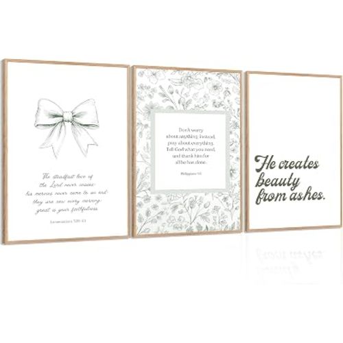 ELESFEK 3Pcs Bible Verse Wall Art Christian Canvas Posters Nursery Scripture Picture Religious Wall Decor Bow Floral Prints Boho Minimalist Aesthetic Artwork for Bedroom Living Room Dorm Unframed