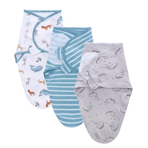 LAT Swaddle Blanket with zip Baby Girl Boy-Easy Adjustable 3 Pack Infant Sleep Sack Wrap Newborn Babies 100% Cotton Sleep Bag(lue Whales,0-3Months)