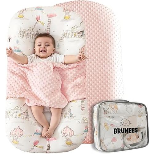 Baby Lounger Pillow for Newborn – Large Infant Lounger 0-24 Months | Anti-Startle Removable Wings, Breathable Mesh Core | 2-Sided Cotton & Minky Cover | Tummy Time Mat, Portable Baby Nest (Pink)