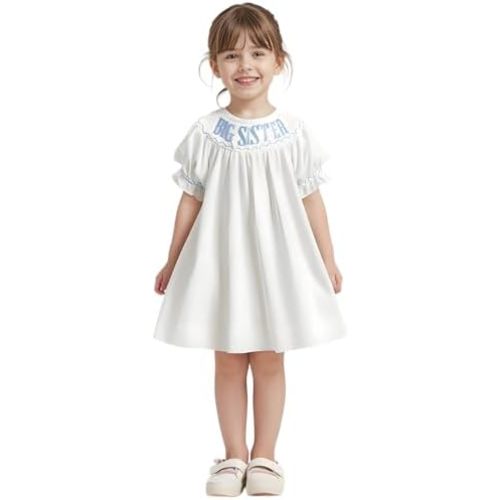 Pudcoco Big Sister Smocked Dress Toddler Little Girls Puff Short Sleeve Letters Embroidery Bishop Dress