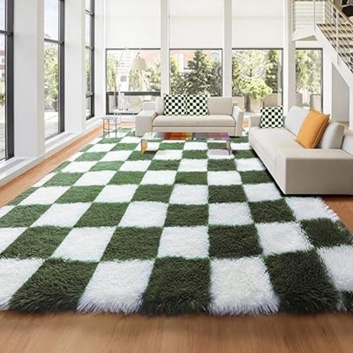KICMOR 8x10 Area Rugs for Living Room, Large Soft Fluffy Checkered Big Fuzzy Shag Shaggy Bedroom Carpet, Olive Green and White Plush Floor Rug for Kids Boys Girls Dorm Nursery Home Decor Aesthetic