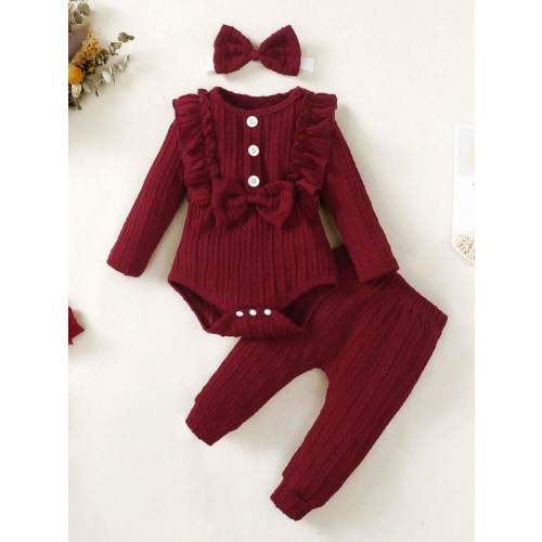 Baby Girls' Spring/Autumn Casual Romper With Bow Decoration, Ruffle Trim, Long Pants And Headband 3pcs/Set | SHEIN USA