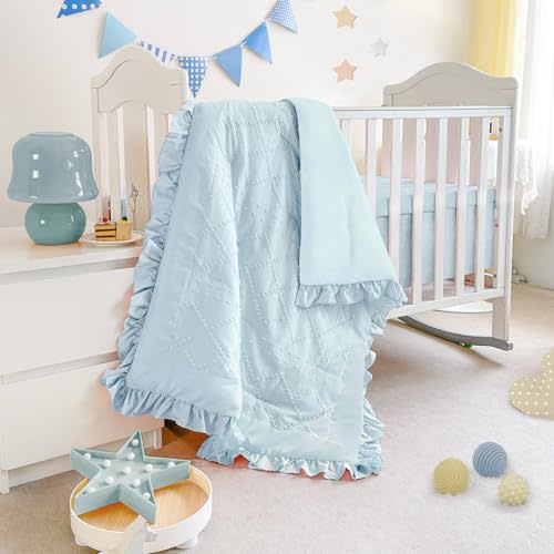 Mini Crib Bedding Set for Girls, 3 Piece Tufted Jacquard Ruffle Fringe Baby Girl Crib Bedding Set Newborn, Infant & Nursery with Comforter, Crib Fitted Sheet and Crib Skirt, Blue