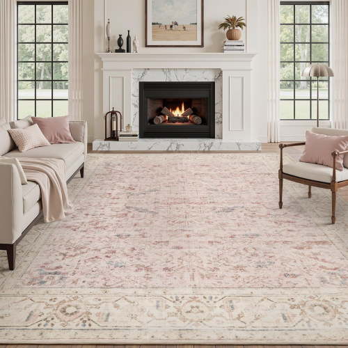 SIXHOME 8'x10' Area Rugs for Living Room Washable Rugs Carpet Vintage Traditional Rugs for Bedroom Dinning Room Office Soft Non Slip Large Area Rug Retro Home Decor Pink