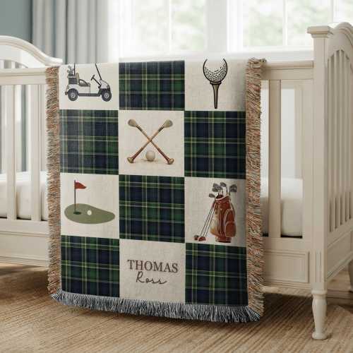 Personalized Golf Baby Blanket With Name, Green Plaid Nursery Decor, Custom Newborn Throw, Baby Shower Gift Woven Fringe Keepsake Golfer Boy