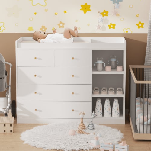 QUNTTINA Baby Changing Table Dresser with 5 Drawers and 3 Storage Cabinet, White