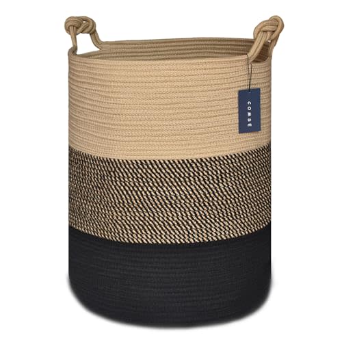 COMSE Extra Large Blanket Basket, Tall Woven Storage Basket, Nursery Hamper, 15.7”x 21.7”, Cotton Rope Laundry Hamper for Toys Clothes Towels, Brown/Black
