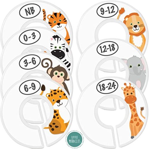Baby Closet Size Dividers - 7X Safari Nursery Closet Dividers for Baby Clothes - Elephant Giraffe Zebra Lion Monkey Cheetah Nursery Decor - Baby Closet Dividers for Boy or Girl - [Safari] [White] - 7x White Safari