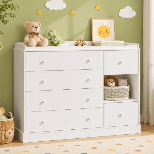 Kid’s 6 Drawer Dresser for Bedroom with 1 Storage Shelf, 47” Wide Chest of Drawers with Metal Knobs for Closet, White