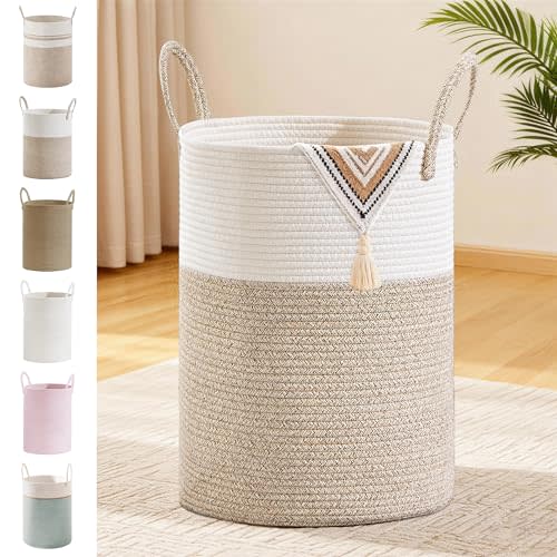 72L Large Tall Cotton Rope Laundry Basket with Handles, Brown | Storage Bin for Clothes, Blankets & Kids Toys, Boho Woven Hamper, Portable Organizer for Nursery, Bedroom, Living Room
