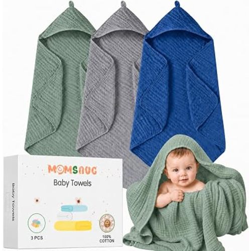 3-Pack Muslin Hooded Baby Towels, Green + Grey + Dark Blue, 35" X 35''