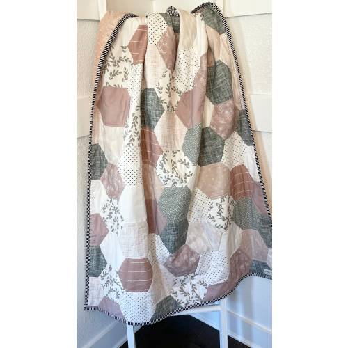 Floral Hexagon Baby Quilt: Soft Mauve & Taupe Cotton