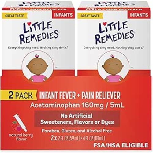 Little Remedies Infant Fever & Pain Reliever with Acetaminophen, Baby Medicine with No Artificial Sweeteners, Flavors or Dyes, Natural Berry Flavor, 2 Fl Oz, Pack of 2