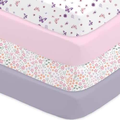 Little Grape Land Crib Sheets 4 Pack, Microfiber Fitted Crib Sheet for Standard Crib Mattress 52"x28"x8", Soft and Neutral Baby Crib Sheets for Boys and Girls, Breathable & Easy Care, Pastel Meadow