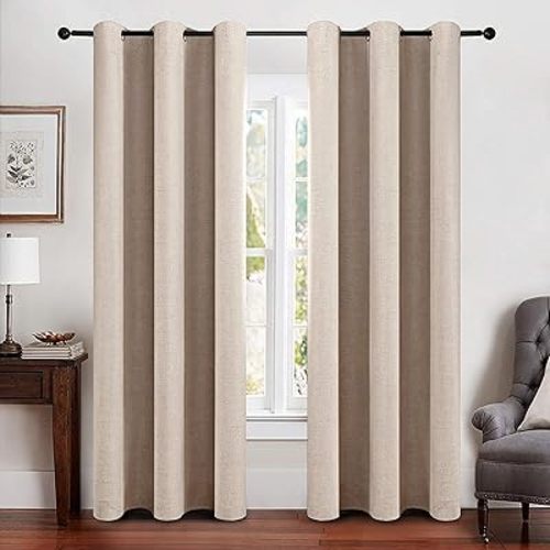 MIULEE 100% Blackout Linen Texture Curtains Soild Thermal Insulated Natural Beige Curtains Grommet Room Darkening Curtains & Drapes for Living Room Bedroom 42 x 84 (2 Panels)