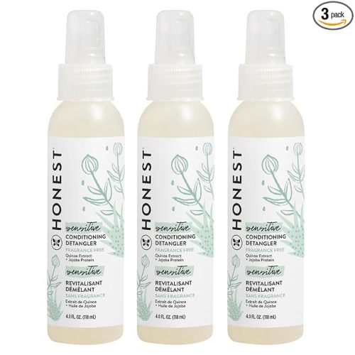 The Honest Company Fragrance-Free Conditioning Hair Detangler Tear-Free Hypoallergenic Leave-In Conditioner and Fortifying Spray for Sensitive Skin 4 fl oz (Pack of 3)