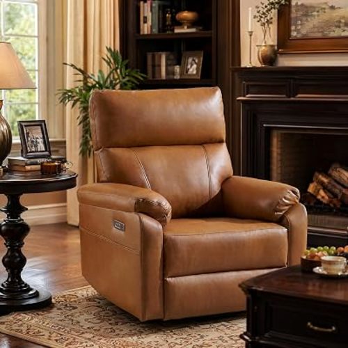 Power Recliner Chair with Adjustable Lumbar Support, Swivel Rocker Recliner with Overstuffed Armrests, Nursery Glider Recliner, Rocking Chair Nursery for Bedroom,USB&Type-C,Faux Leather Camel