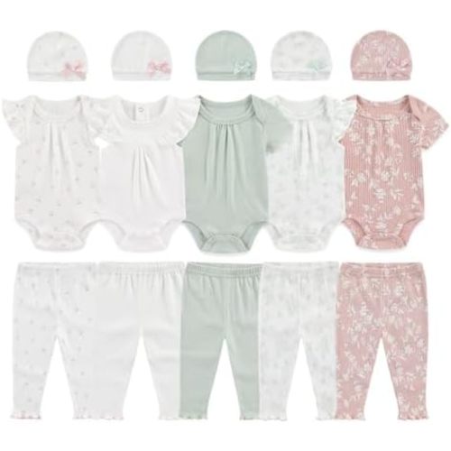 BABYSOLIS 0-12 Months Unisex Baby Pants Sets New born Bodysuit and Hats 15 Pack Boy Girl Infant Comfort Outfit Clothes