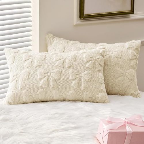 MIULEE Cream White Bow Pillow Covers Coquette Room Decor Aesthetic Set of 2 Spring Decorative Cute Girl Soft Plush Faux Pillowcase for Preppy Room Decor Bedroom Couch,12x20 Inch