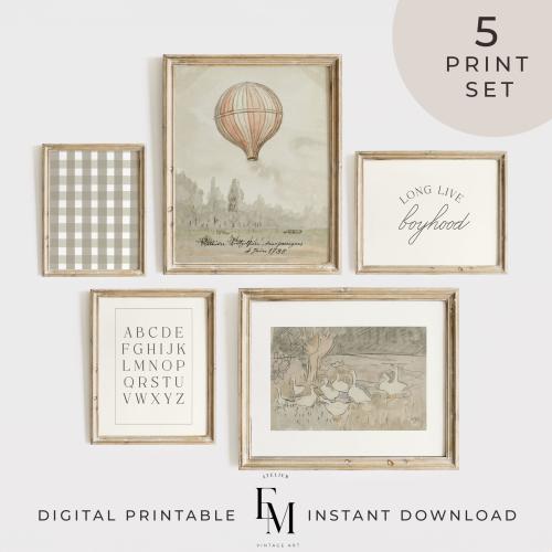 Hot Air Balloon Vintage Gallery Wall Art Boy Nursery Wall Set of 5 Boy Room Print Set Adventure Nursery Long Live Boyhood Quote Goose Print