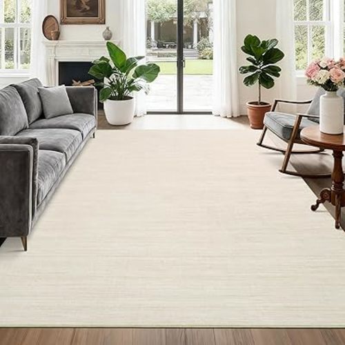 5x7 Washable Rugs Non Slip Minimalist Area Rug for Bedroom Soft Low Pile Solid Color Large Bedroom Throw Carpet Stain Resistant Classic Neutral Area Rug Plain Boho Rugs for Kitchen Nursery, Ivory