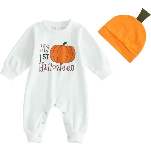 2Pcs Neutral Outfits Newborn Baby Boy Girl Pumpkin Romper Jumpsuit My 1st Halloween Clothes with Hat