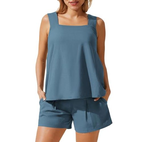Maacie Maternity 2 Pieces Outfits Summer Linen Shorts Sets Tank Tops Wide Legs Shorts with Pockets