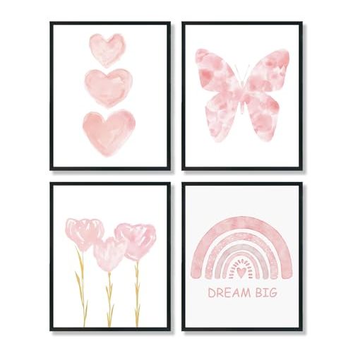 ULEGIE Toddler Girl Room Decor, Pink Girls Room Nursery Dream Big Wall Art Prints Set of 4, Watercolor Pink Butterfly Rainbow Floral Posters Decor for Toddler Baby Room, 8x10 Inch Unframed