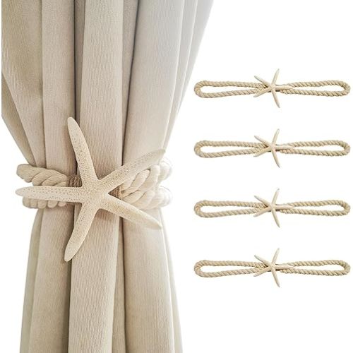 4 Pcs Natural Starfish Curtain Tiebacks, Handmade Woven Rope Curtain-Ties Scandinavian Minimalist Style Curtain Spreader for Outdoor, Hotel, Bedroom Decoration (White Finger Starfish)