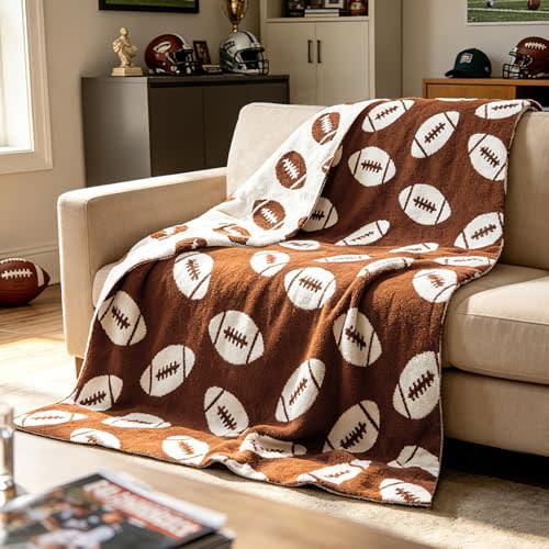 EVERLORIA Football Throw Blanket 50"x60", Soft Plush Fleece Rugby Blankets for Couch Bed, Cozy Football Knitted Blanket Game Day Room Decor, Sports Fan Gift Blankets for Teen Boys Kids Friend, Brown
