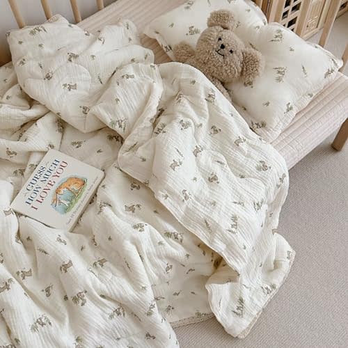 BuLuTu Cartoon Bunny Gauze Toddler Quilt Kids Blankets for Girls Boys, Soft Breathable Cotton Muslin Kids Comforter Quilted Blanket with Cute Rabbit Pattern, 47"x59", No Pillow