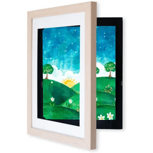 Art Cabinet, Stores up to 50 Pieces of 8.5 x 11 inch Art, Outer Wooden Frame Dimensions 11.75 x 14.75 inches, Kids Art Frame, Front Opening, Hangs Vertical or Horizontal, Natural