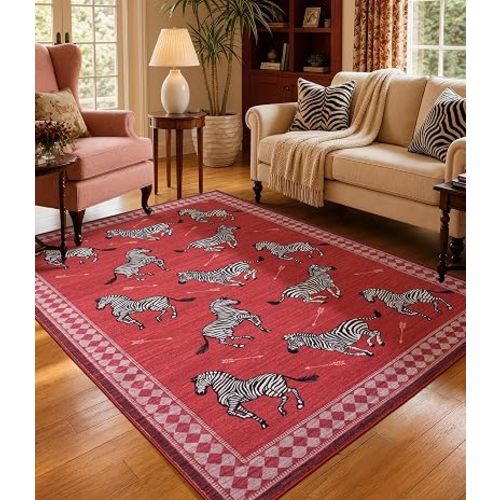 YIHOUSE Red Zebra Area Rugs 5×7, Washable Animal Print Rug with Checkered Border, Non-Slip Low Pile Mid-Century Modern Carpet for Living Room, Bedroom, Dining Room, Home Decor