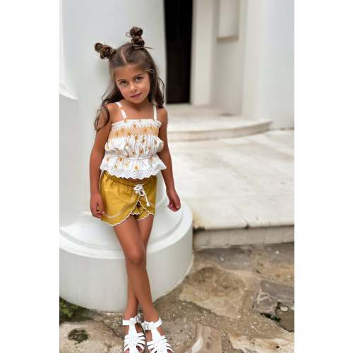 Alice Smocked Top & Petal Shorts Set (gold suns) FINAL SALE – INDIE BLUE