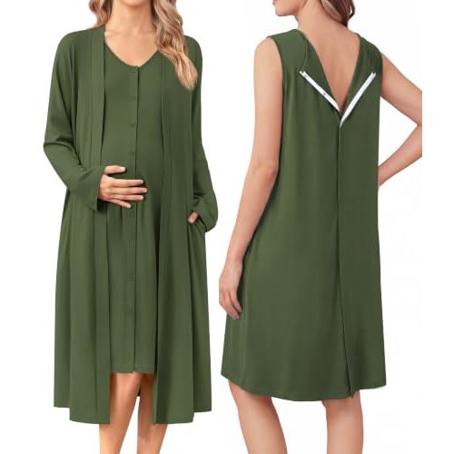 Ekouaer Labor and Delivery Gown and Robe Set for Hospital Nursing Nightgown | Open Back Birthing Gown, Maternity Nursing Pajamas Dress Breastfeeding, Button C Section Postpartum Clothes