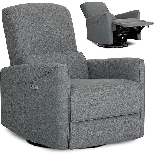 Evolur Belmont Nursery Glider Chair with Massager in Cosmic Grey, Power Recliner with 275° Swivel, Lumbar Support Modern Rocking Chair for Baby Room, Nursery & Living Room