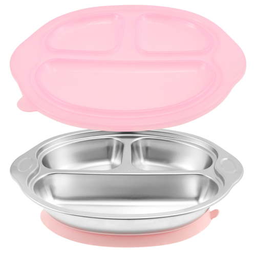 Ikoopy 2Sets Stainless Steel Liner Baby Suction Plate Large Capacity Heat Resistant Baby Divided Plate With Silicone Sucker for Babies and Toddlers