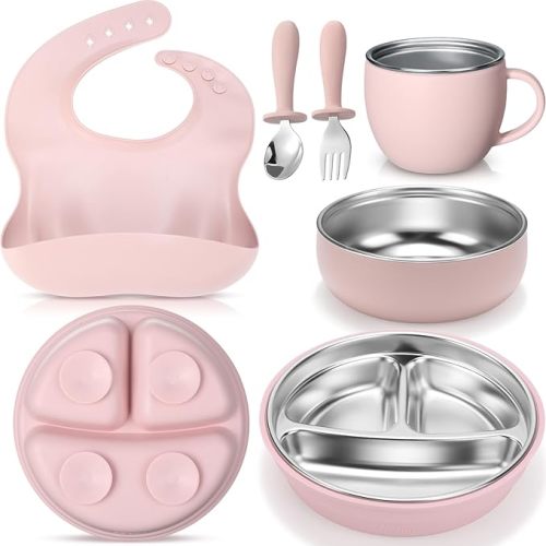 Nuogo 6 Pcs 304 Stainless Steel Kids Plates and Bowls Set Stainless Steel Suction Bowls and Toddler Cup with Removable Silicone, Forks Spoons Pocket Bib for Baby Toddle(Pink,Round)