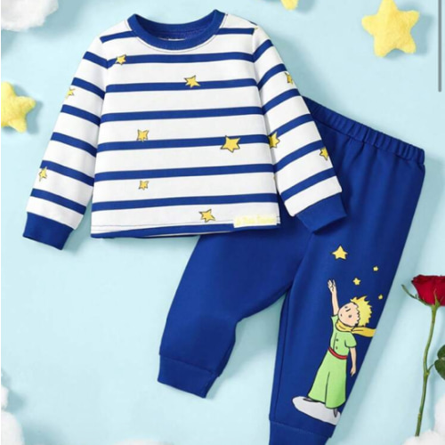 LE PETIT PRINCE X SHEIN Baby Boy Star Print Blue & White Striped Cute Casual Long Sleeve Crew Neck Sweatshirt And Blue Cuffed Pants Sporty Outfit Fall Winter