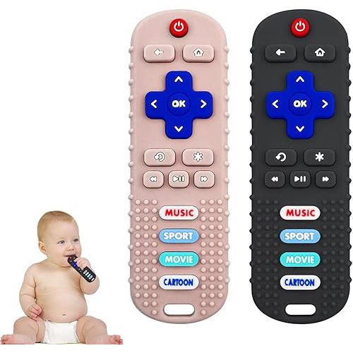2Pack Teething Toys for Babies, Remote Control Shape Silicone Teether Toys,Baby Teethers for Toddlers Boys Girls (Black + Coral Color)