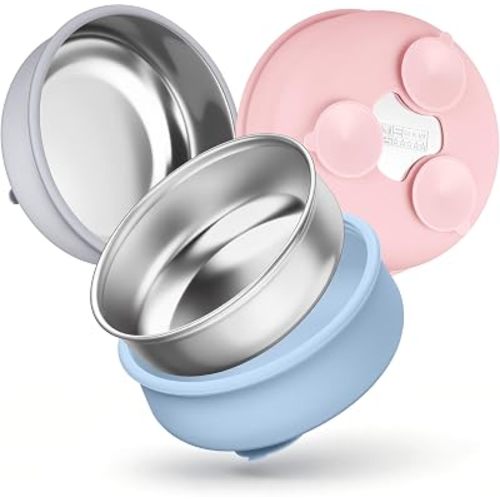 HaWare Baby Bowls with Suction, Stainless Steel Toddler Bowl with Removable Silicone Sleeve, Non-Slip Child Food Bowl with Silicone Suction, Unbreakable Kids Bowls for Feeding, Blue+Grey+Pink, 3 Pack