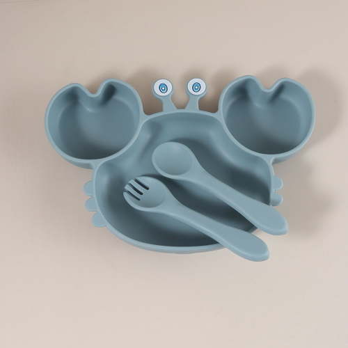 Cute Crab Shaped Silicone Baby Plate with Strong Suction - BPA Free Divided Feeding Bowl Set with Fork & Spoon for Toddlers