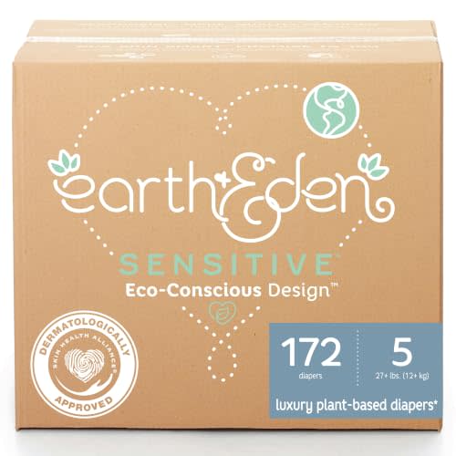 Earth & Eden Sensitive Baby Diapers, Size 5, No Harsh Chemicals, 172 ct | Eco-Conscious, Hypoallergenic, No Harsh Chemicals, Dermatologically Approved